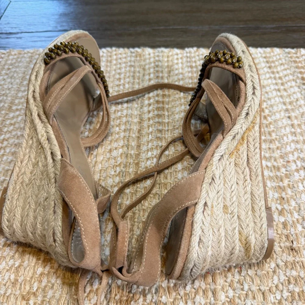 Franco Sarto Herbal Tan Leather Beaded Espadrille Wedge Sandals Womens 9M